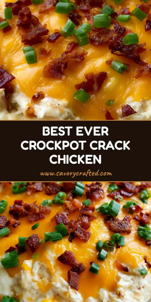 A close-up shot of creamy Slow Cooker Crack Chicken in a white bowl, topped with melted cheddar, crispy bacon, and green onions.