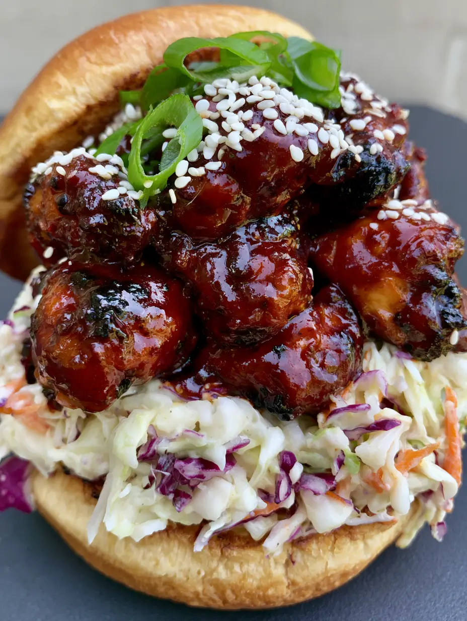 Korean BBQ Chicken Sandwich with Creamy Slaw and Toasted Brioche 3 Close-up handheld photo of a Korean BBQ Chicken Sandwich with visible charred edges and green onion garnish.