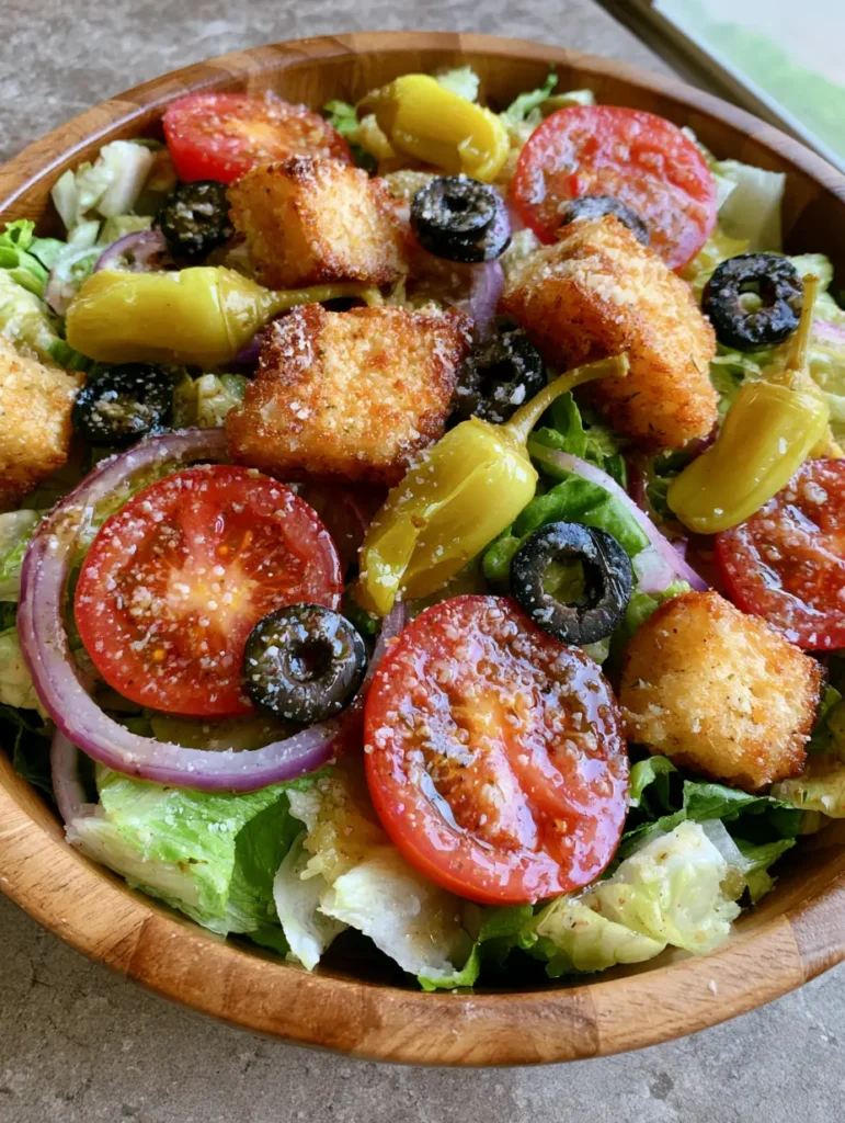 Visual of the Copycat Olive Garden Salad assembly showing the dusting of parmesan cheese and toasted croutons.