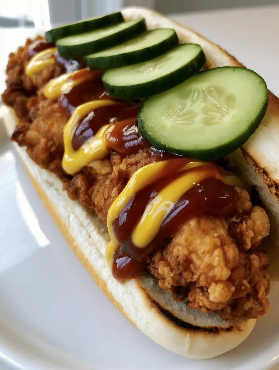 Handheld smartphone photo of a South Carolina Bird Dog Sandwich showing the thick craggy golden-brown breading and glossy sauces.
