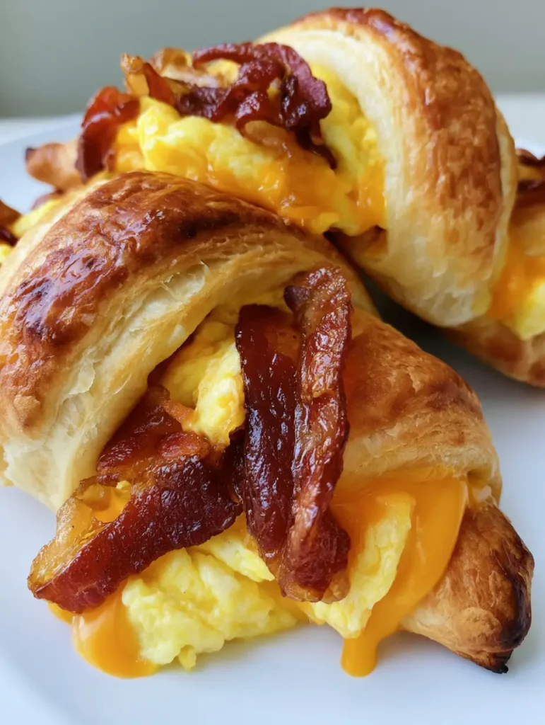 A handheld smartphone photo showing the flaky texture of Bacon Egg and Cheese Crescent Rolls with fluffy eggs and melted cheese.
