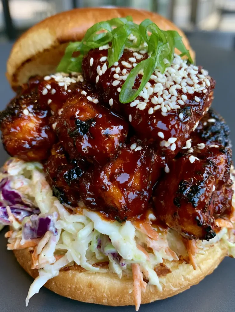Korean BBQ Chicken Sandwich with Creamy Slaw and Toasted Brioche 1 Side view of a gourmet Korean BBQ Chicken Sandwich showing the layers of purple and white cabbage slaw.