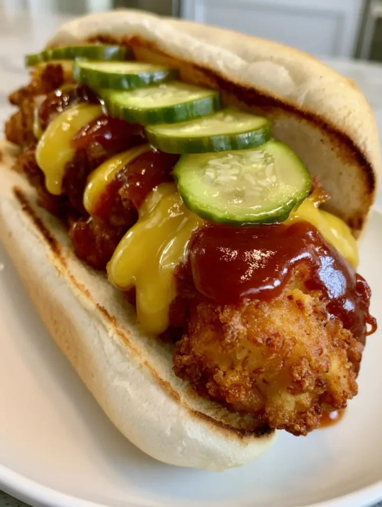 Top view of South Carolina Bird Dog Sandwiches on a white plate with visible toasted hoagie roll edges and thin green dill pickle slices.