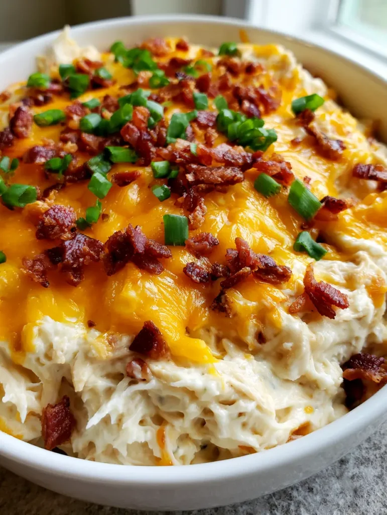 Close-up of melted bubbling cheddar cheese and crispy bacon bits on top of Slow Cooker Crack Chicken.