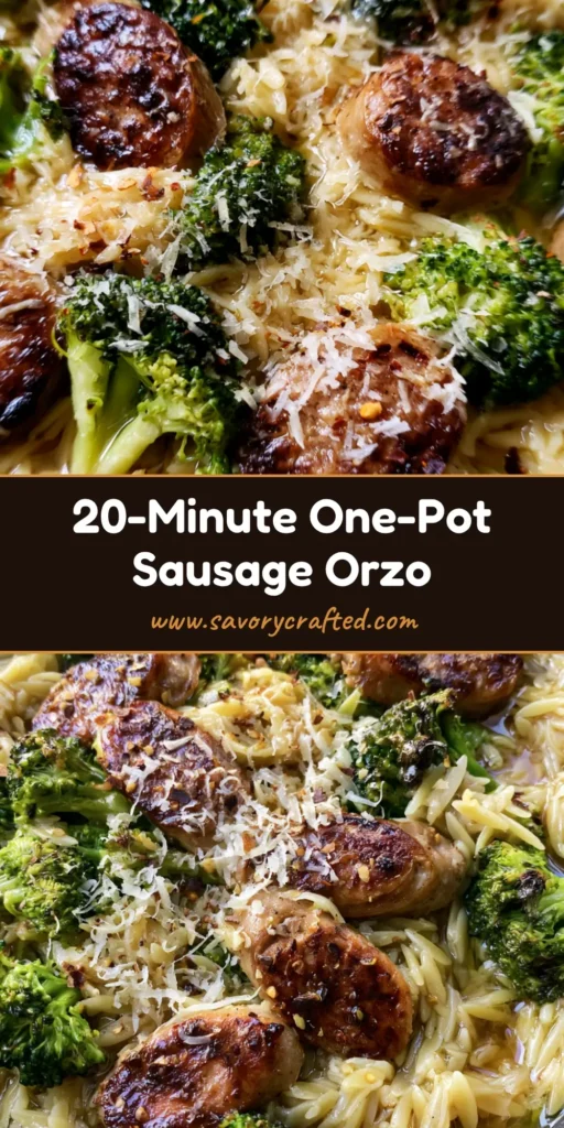 One-Pot Chicken Sausage Orzo with Seared Broccoli and Parmesan 3 A top-down view of One-Pot Chicken Sausage Orzo in a black skillet featuring seared sausage, broccoli, and parmesan cheese.
