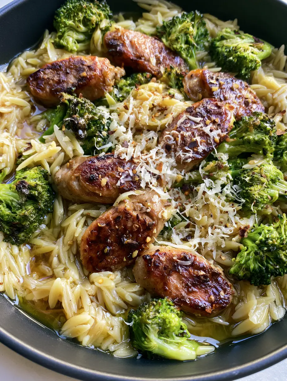 One-Pot Chicken Sausage Orzo with Seared Broccoli and Parmesan 4 Close up of seared chicken sausage slices and orzo pasta in a savory broth. (One-Pot Chicken Sausage Orzo)