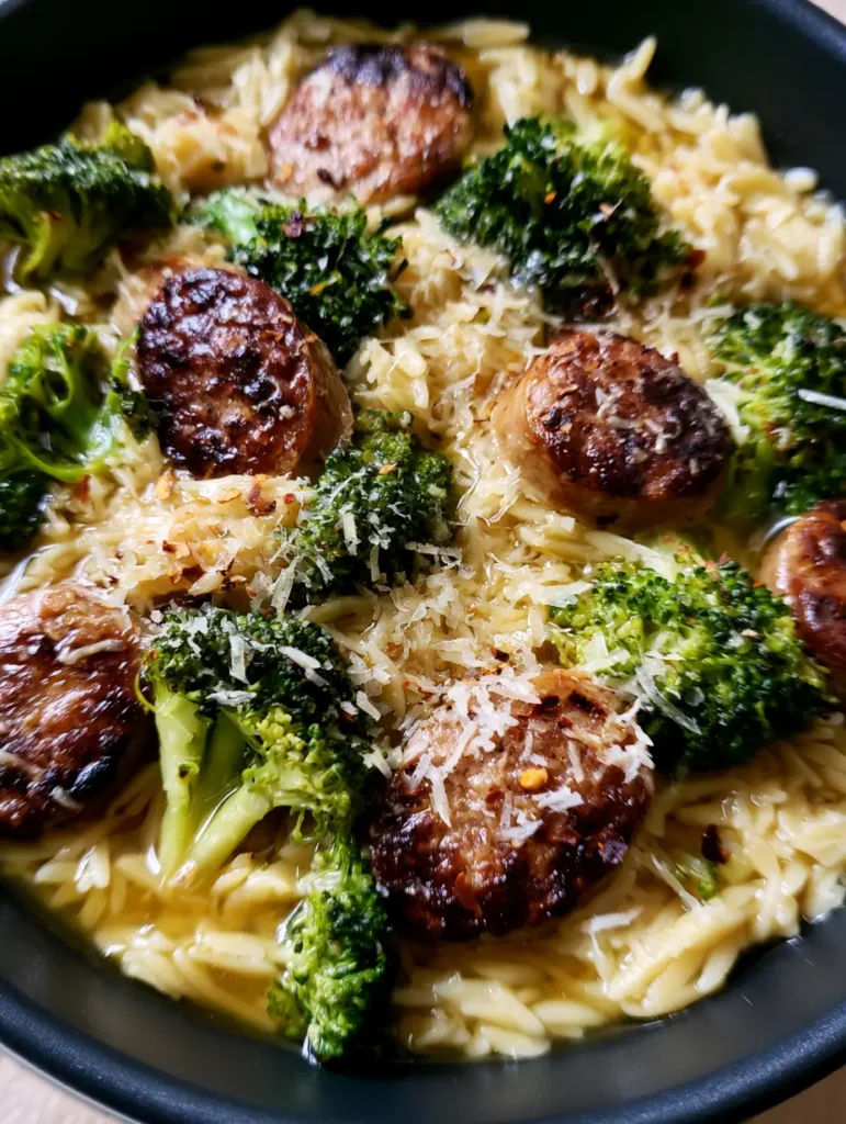 One-Pot Chicken Sausage Orzo with Seared Broccoli and Parmesan 1 A finished matte black skillet filled with One-Pot Chicken Sausage Orzo garnished with red pepper flakes and parmesan.
