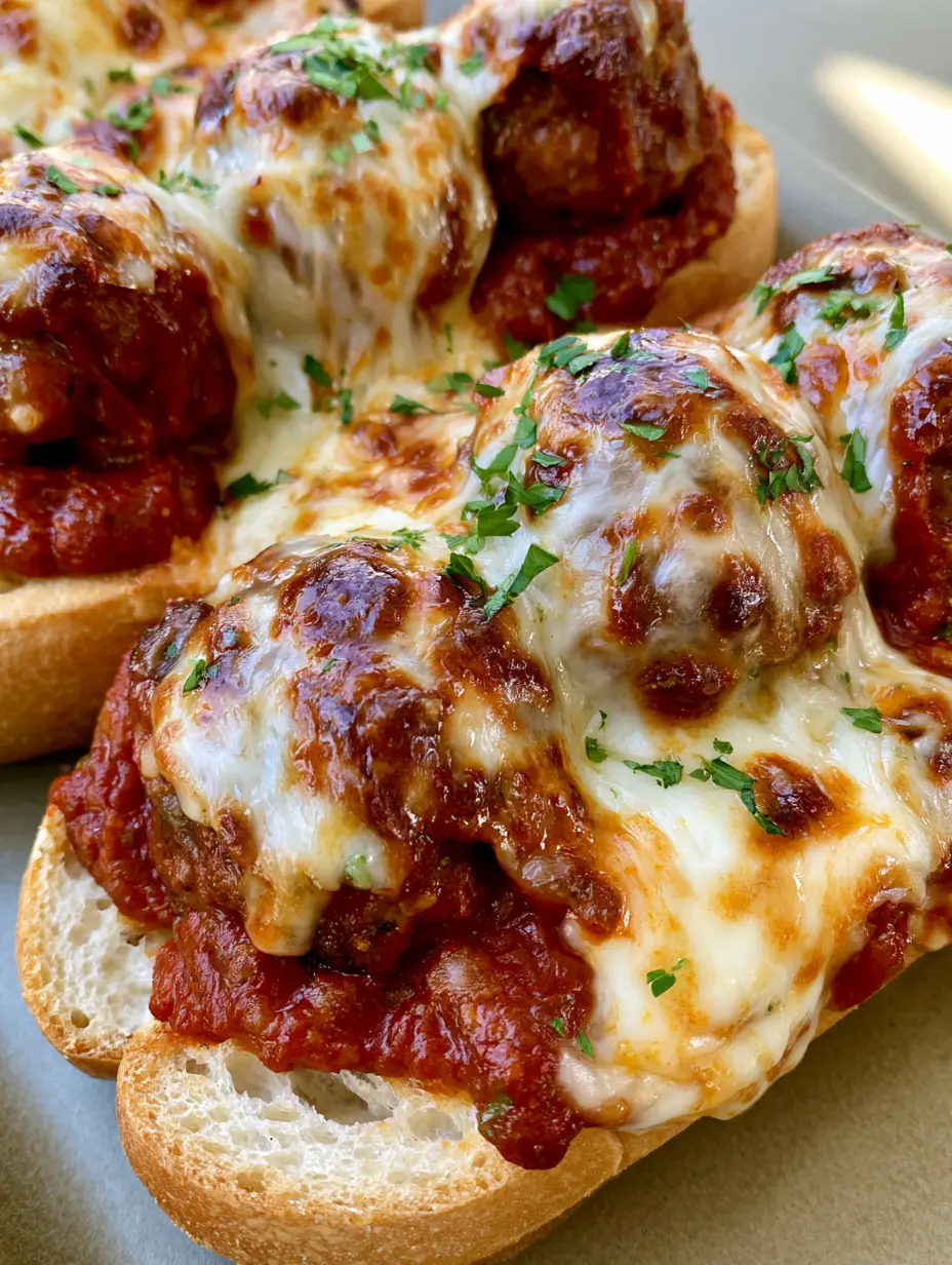 Close-up of succulent beef meatballs smothered in thick marinara and melted mozzarella in a toasted hoagie roll. (Cheesy Meatball Subs)