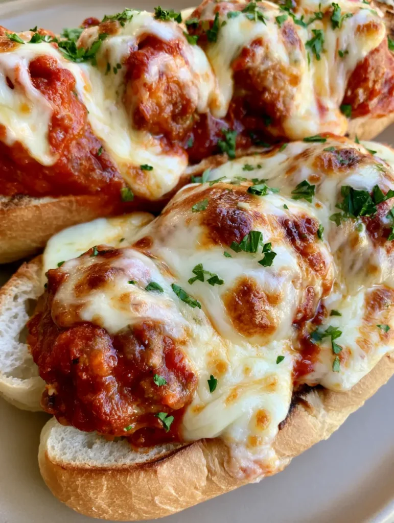 Authentic lifestyle photo of meatball subs showing the texture of the porous bread and the golden toasted cheese spots.