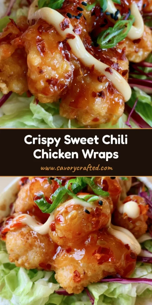 A close-up handheld shot of a Sweet Chili Chicken Wrap featuring glossy orange-red chicken, red cabbage, and a creamy mayo drizzle.
