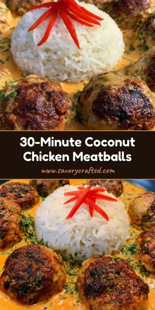 A dark charcoal bowl featuring Coconut Chicken Meatballs in a creamy orange sauce with julienned red chilis and cilantro over jasmine rice.