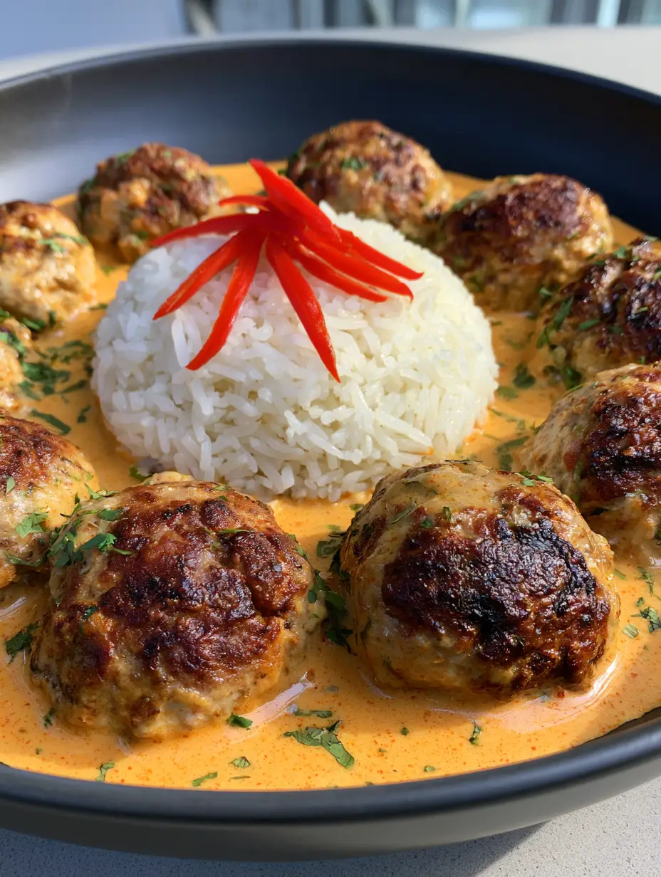 Close up handheld photo of pan-seared Coconut Chicken Meatballs in a vibrant orange curry sauce.