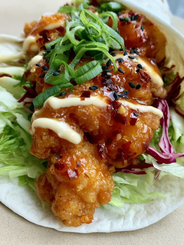 Detail shot of Sweet Chili Chicken Wraps with visible red chili flakes, black sesame seeds, and green scallions.