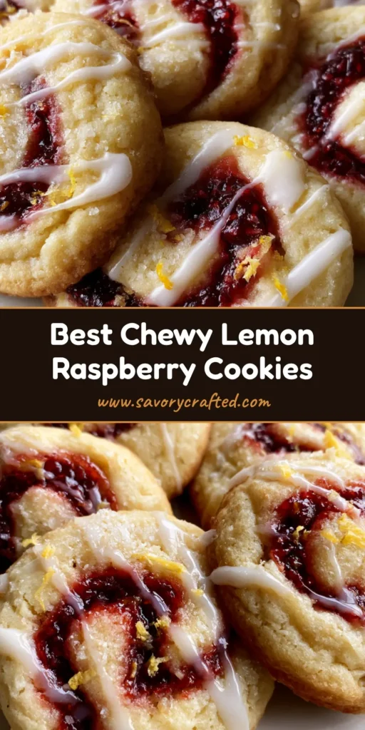 Lemon Raspberry Cookies: The Ultimate Soft-Baked Citrus Treat 4 Thick, soft-baked Lemon Raspberry Cookies with a deep-red jam swirl and white icing drizzle on an off-white plate.