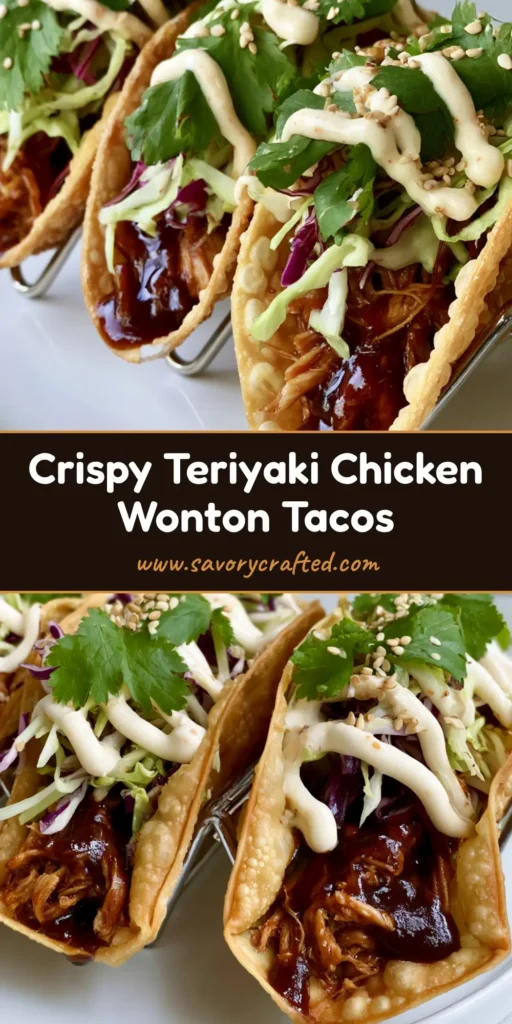 Teriyaki Chicken Wonton Tacos with Crispy Cabbage Slaw 4 A vertical shot of three crispy Teriyaki Chicken Wonton Tacos in a metal rack with glossy sauce and fresh slaw.