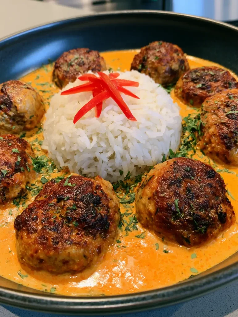 Top down view of Coconut Chicken Meatballs with julienned red chili peppers and fresh cilantro.