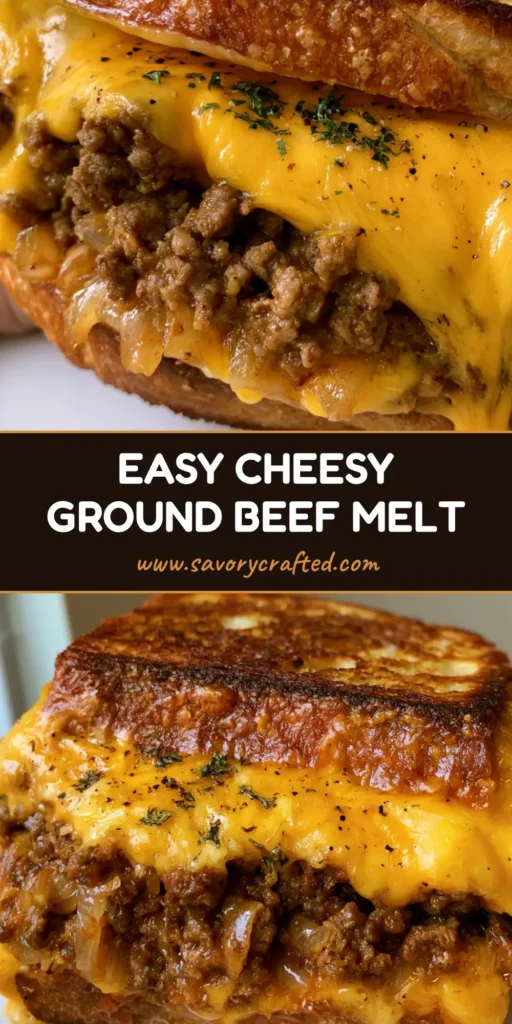 A handheld smartphone photo of a cheesy Ground Beef Melt sandwich sliced in half, showing oozing sharp yellow cheddar and caramelized onions on toasted sourdough.