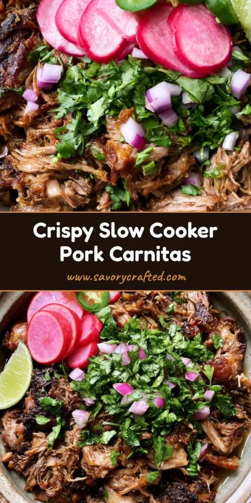 A Pinterest-style vertical shot of Slow Cooker Pork Carnitas in a rustic bowl with radishes and lime.