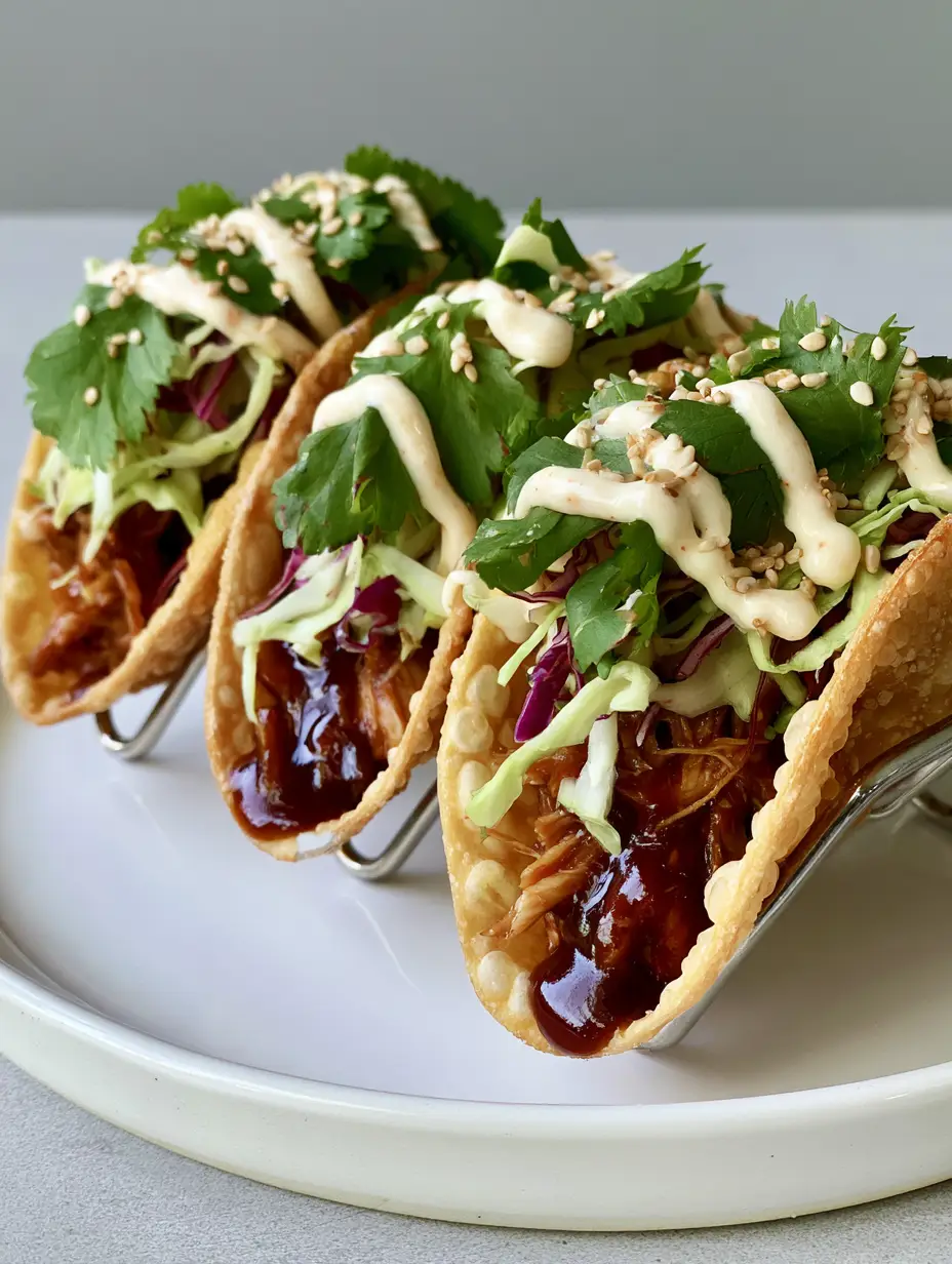 Teriyaki Chicken Wonton Tacos with Crispy Cabbage Slaw 3 Close-up of golden bubbly wonton shells filled with glossy teriyaki chicken and purple cabbage. (Teriyaki Chicken Wonton Tacos)