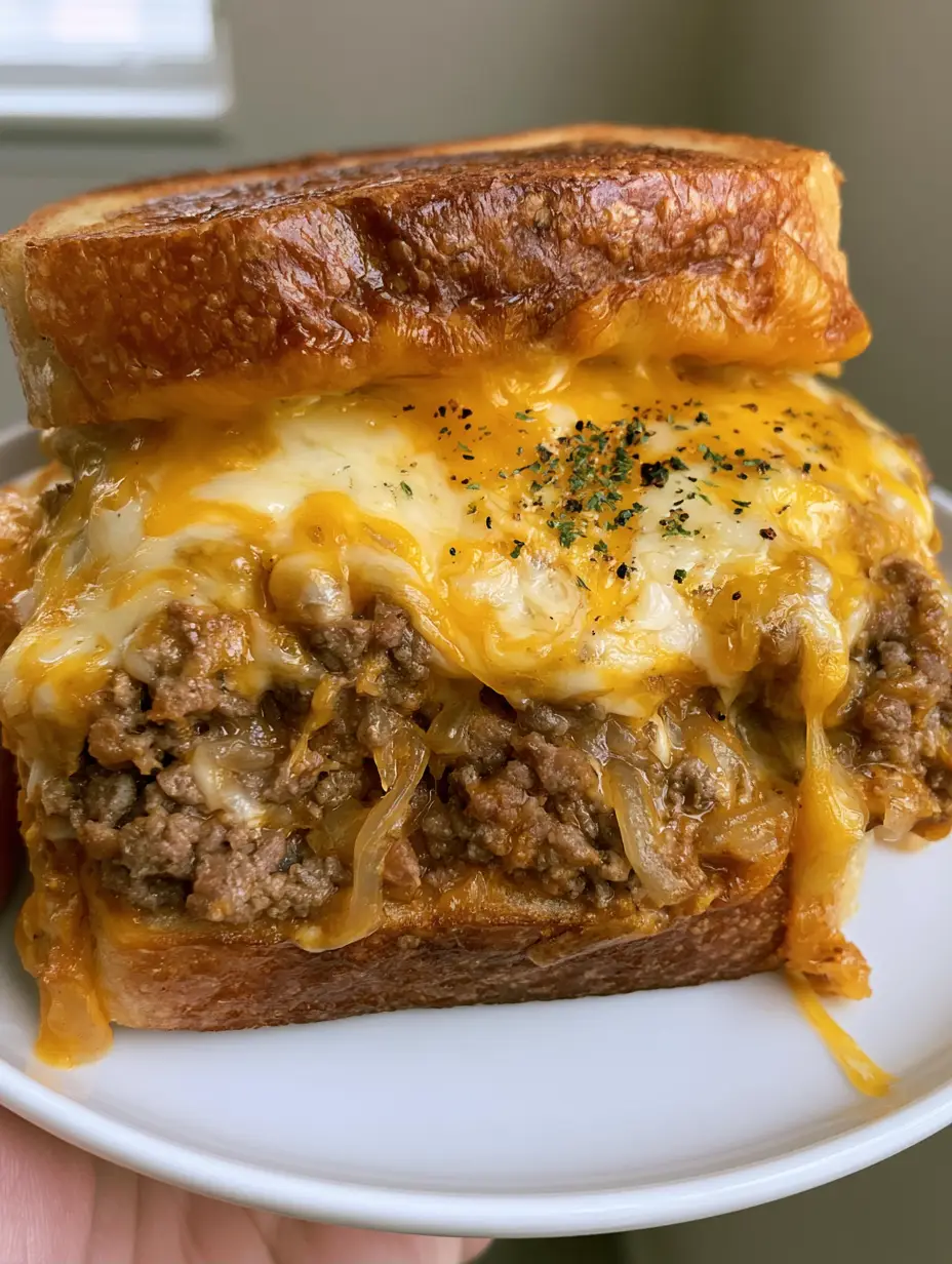 Close up shot of a Ground Beef Melt with glistening buttery sourdough crust and dripping melted cheese.