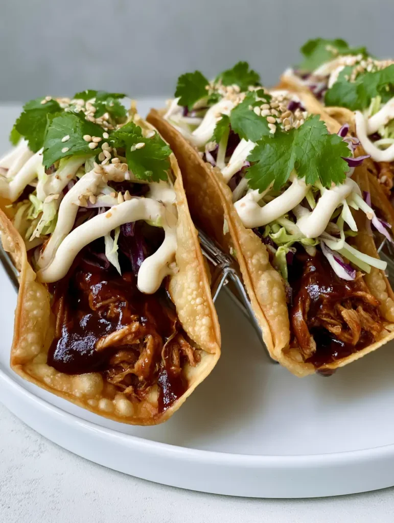 Teriyaki Chicken Wonton Tacos with Crispy Cabbage Slaw 1 Handheld shot of three Teriyaki Chicken Wonton Tacos with a spicy mayo drizzle and fresh cilantro garnish.