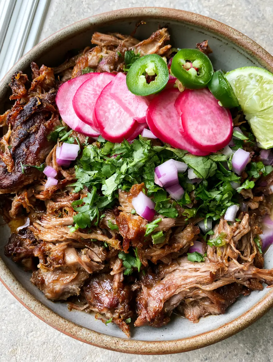 Top-down view of shredded Slow Cooker Pork Carnitas topped with cilantro, red onion, and radishes.