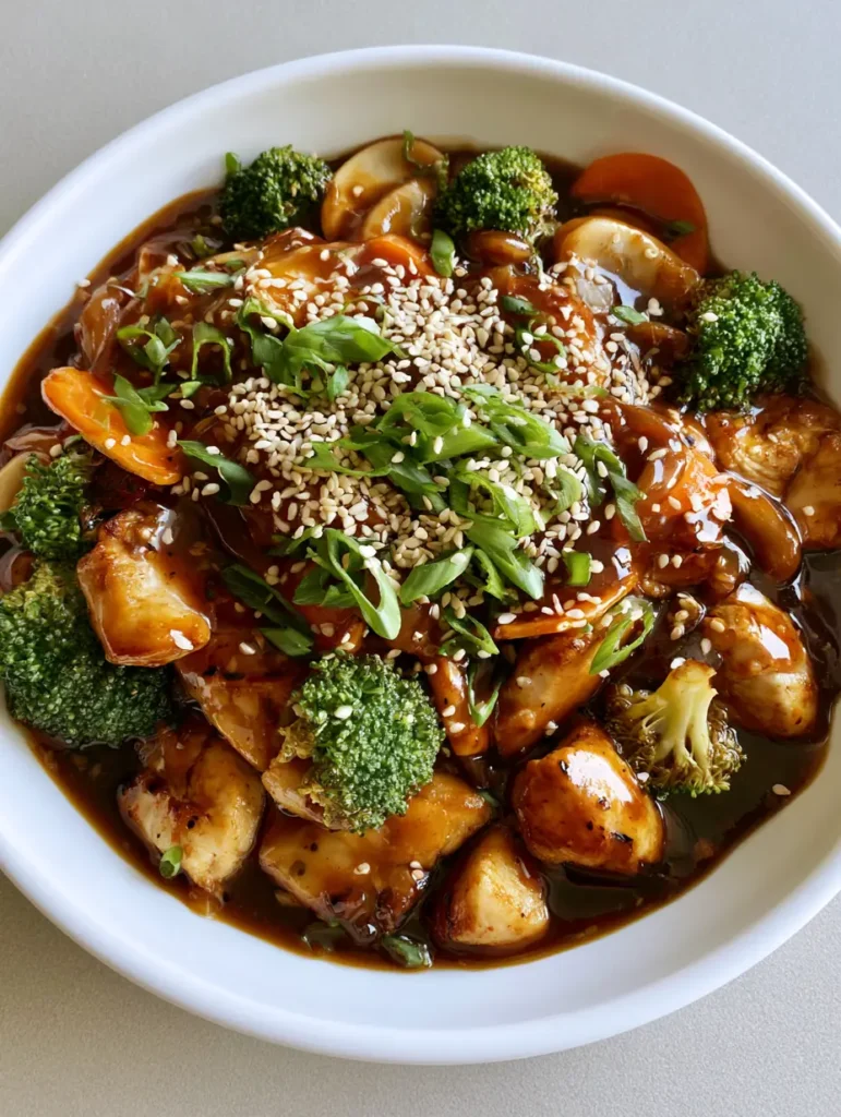 Chicken in Garlic Sauce: A Better-Than-Takeout Masterclass 2 A white bowl containing Chinese chicken in garlic sauce with golden-brown chicken pieces, broccoli, and orange carrot coins on a grey surface.