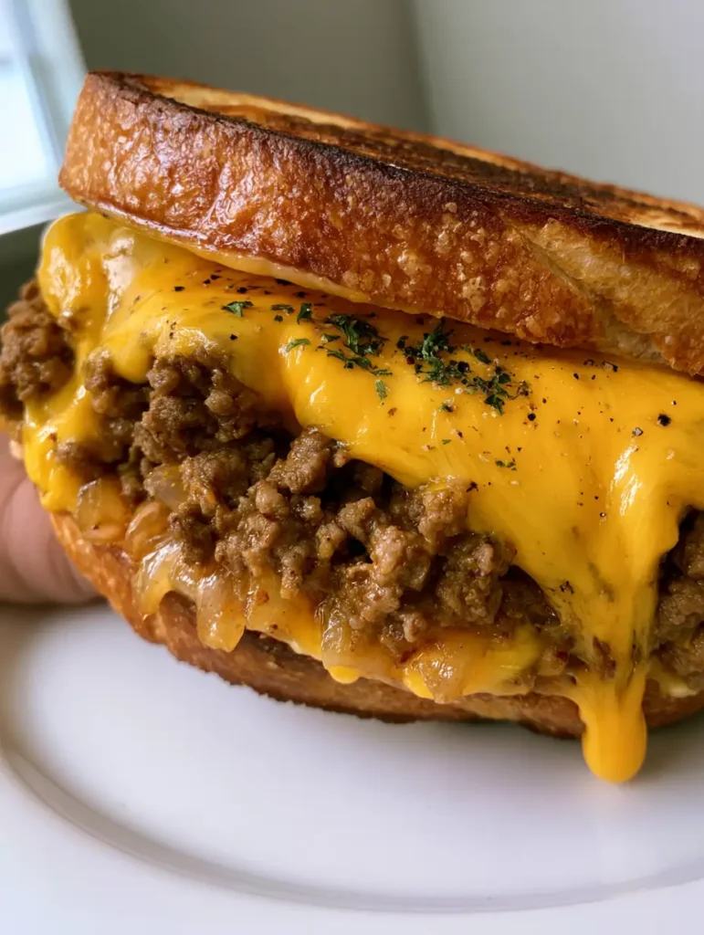 A halved Ground Beef Melt showing the dense layer of savory browned beef crumbles and translucent caramelized onions.
