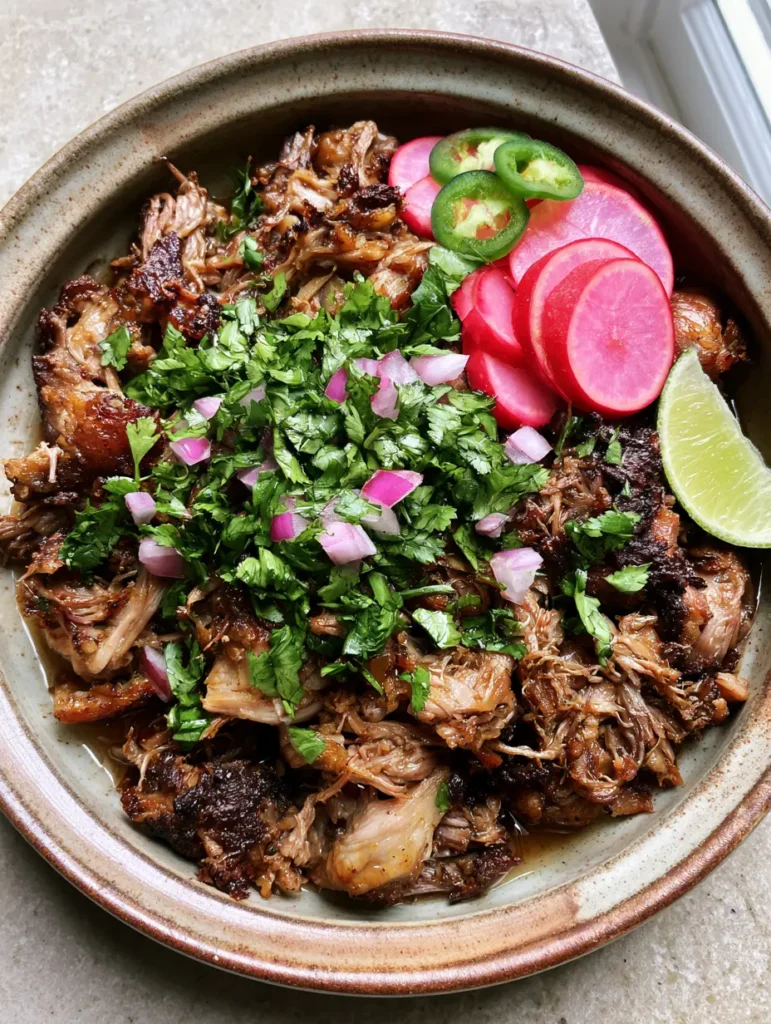Close up of crispy charred edges on Slow Cooker Pork Carnitas garnished with lime and jalapenos.