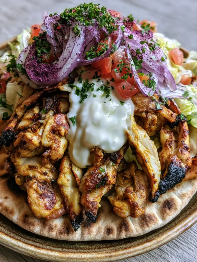 Chicken Shawarma Recipe: The Ultimate Guide to Charred Street-Style Bliss 2 Close up shot of Chicken Shawarma Recipe showing the succulent spice-coated chicken thighs and creamy garlic sauce drizzled over top.