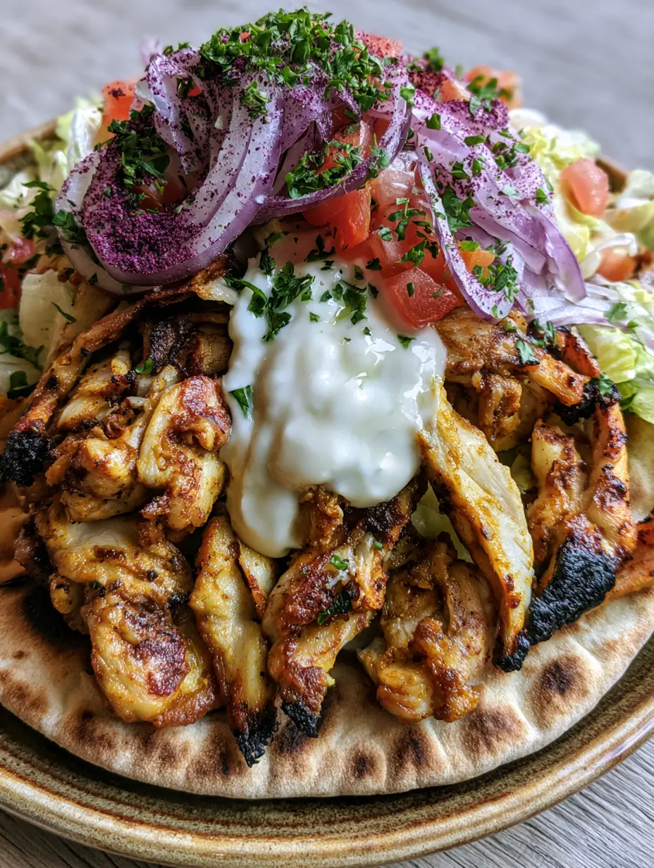Chicken Shawarma Recipe: The Ultimate Guide to Charred Street-Style Bliss 4 Close up shot of Chicken Shawarma Recipe showing the succulent spice-coated chicken thighs and creamy garlic sauce drizzled over top.