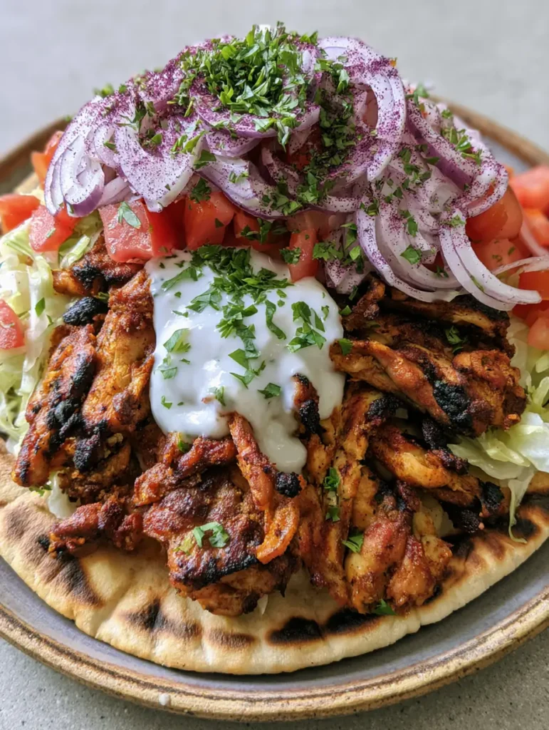 Chicken Shawarma Recipe: The Ultimate Guide to Charred Street-Style Bliss 1 Top down view of a rustic plate featuring Chicken Shawarma Recipe with toasted pita, sumac onions, and fresh parsley garnish.