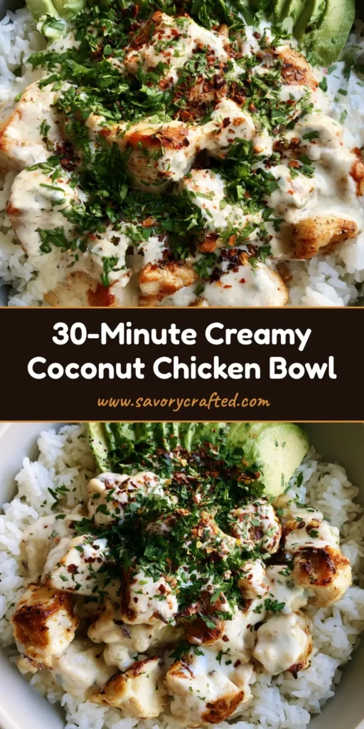 A close-up handheld photo of a Coconut Chicken Rice Bowl featuring golden-brown chicken cubes and creamy white sauce on jasmine rice.
