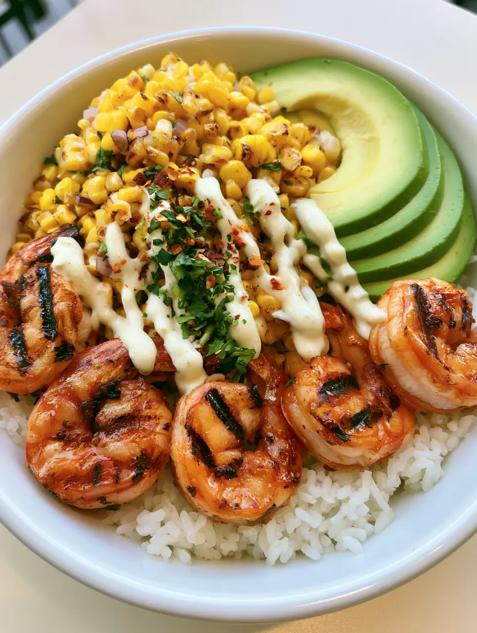Grilled Shrimp Bowl with Charred Corn and Creamy White Sauce 3 Close-up of fluffy jasmine rice topped with charred corn and red onions in a white ceramic bowl.