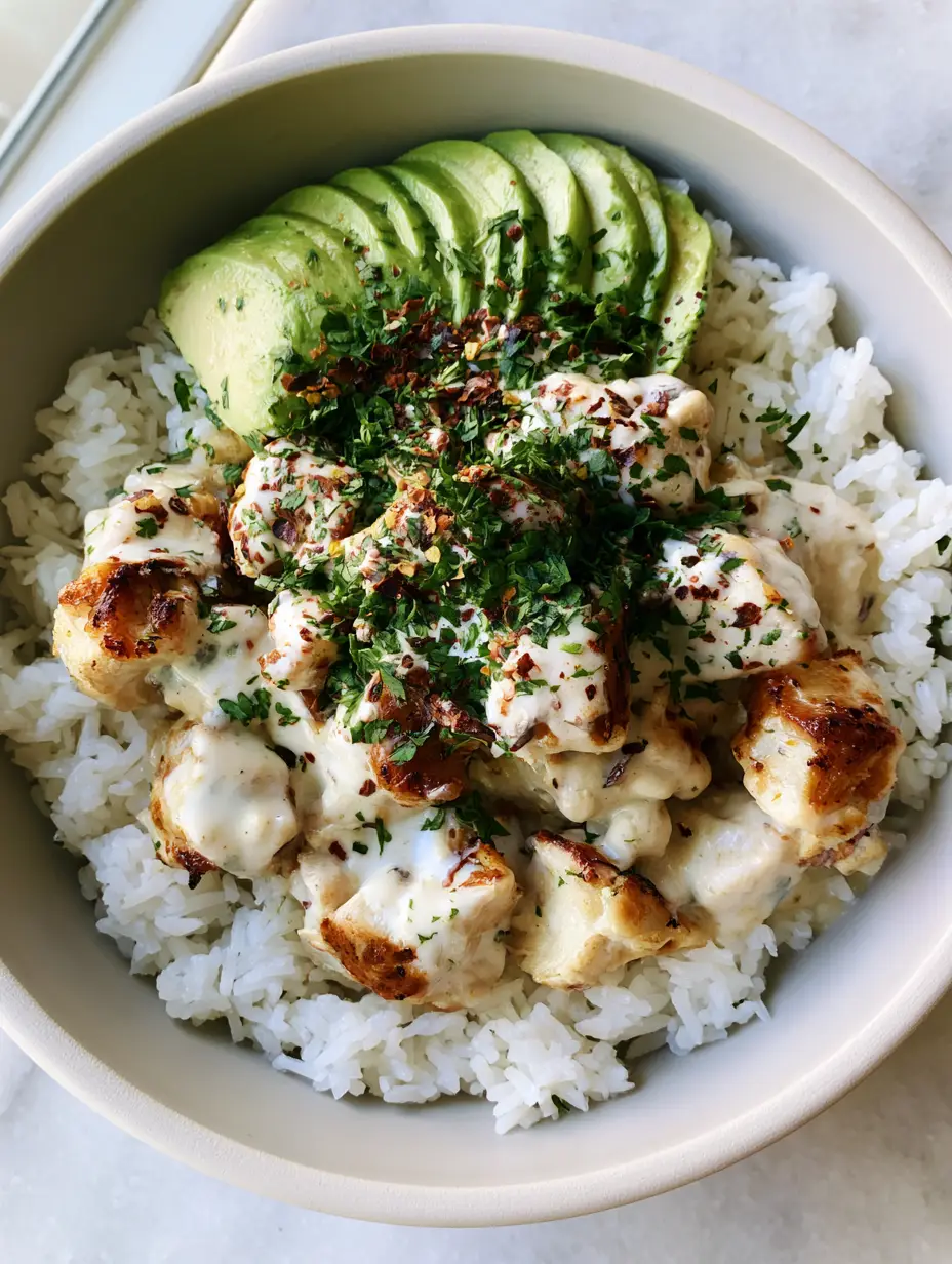 Top-down view of a Coconut Chicken Rice Bowl in a matte white ceramic bowl with avocado fans and cilantro.