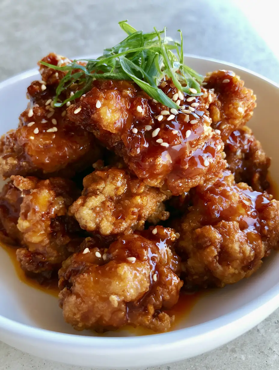 Close-up smartphone photo of craggy, golden-brown chicken chunks coated in thick orange sauce. (Orange Chicken Recipe)