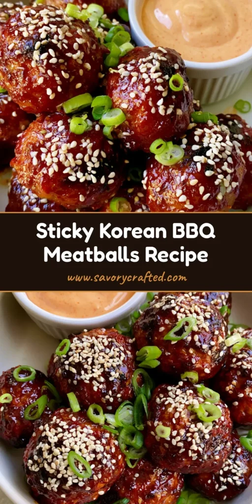Korean BBQ Meatballs with Sticky Gochujang Glaze and Spicy Mayo 4 Close-up of Korean BBQ Meatballs with a glossy dark red gochujang glaze, sesame seeds, and green onions in a white bowl. (Korean BBQ Meatballs)