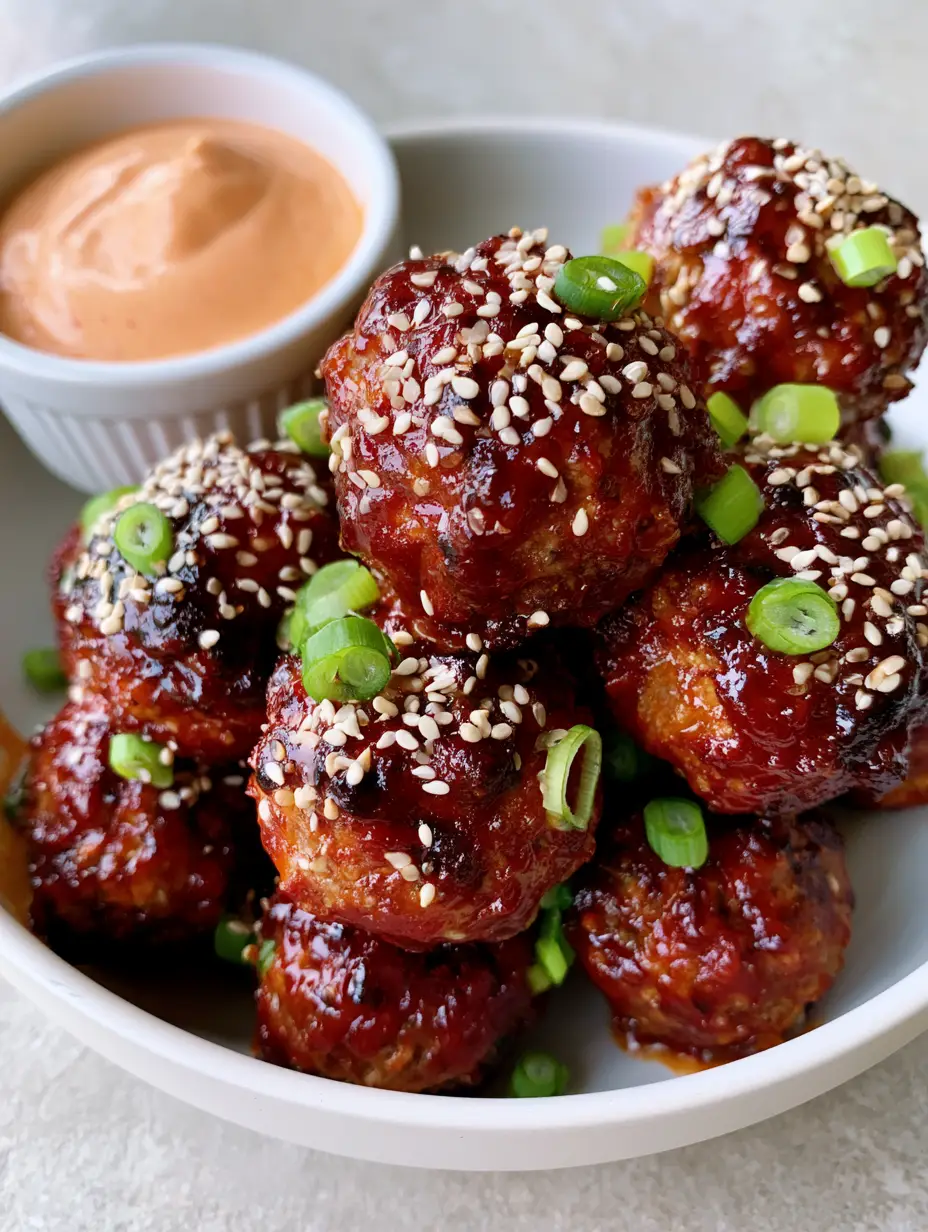 Korean BBQ Meatballs with Sticky Gochujang Glaze and Spicy Mayo 3 Top-down shot of several round, pan-seared Korean BBQ Meatballs in a white ceramic bowl with pale orange spicy mayo. (Korean BBQ Meatballs)