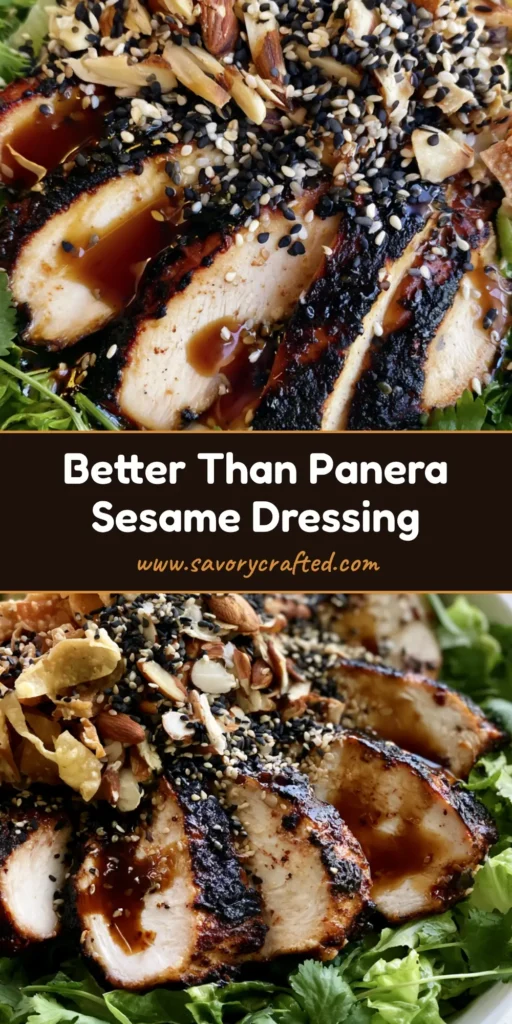 A vibrant chicken salad in a white bowl topped with glossy Asian Sesame Salad Dressing, crispy wontons, and sesame seeds.