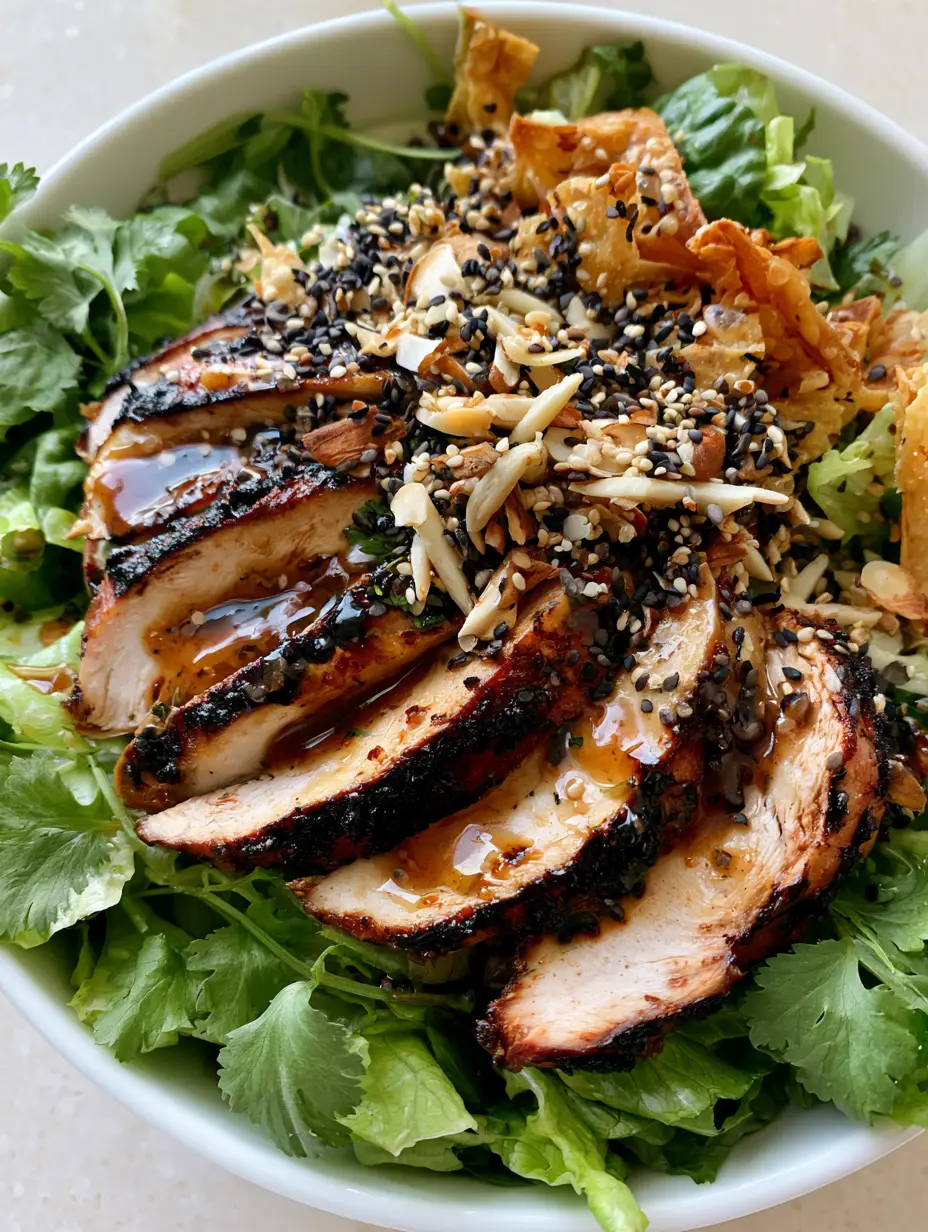 Top-down view of grilled chicken breast with char marks on a bed of romaine and cilantro, drizzled with Asian Sesame Salad Dressing.