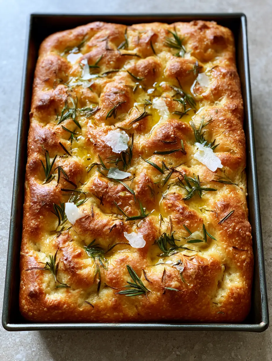 Top-down view of a rectangular Sourdough Discard Focaccia in a dark metal pan with vibrant golden-brown crust.