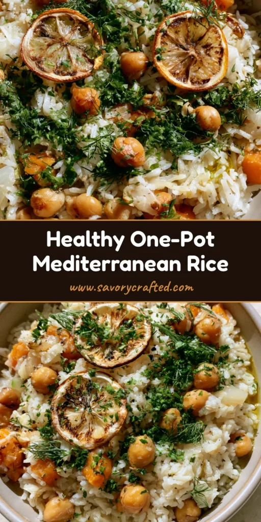 A top-down Pinterest pin showing Mediterranean Rice and Beans in a ceramic bowl with charred lemons and fresh dill sprigs.