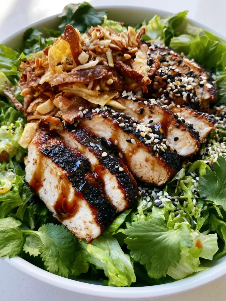 Close up of crispy wonton strips and toasted almonds garnished with black and white sesame seeds on an Asian salad.