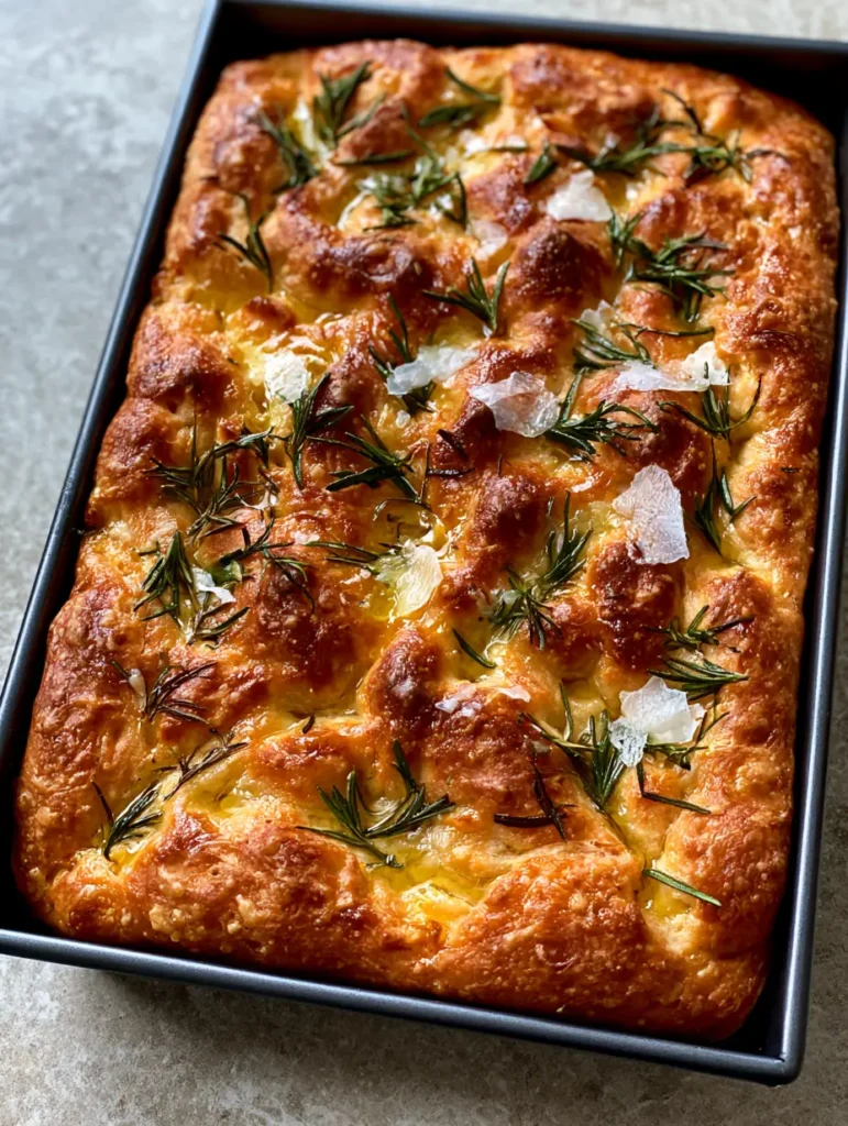 Close-up of deep finger-pressed dimples in Sourdough Discard Focaccia dough topped with rosemary.