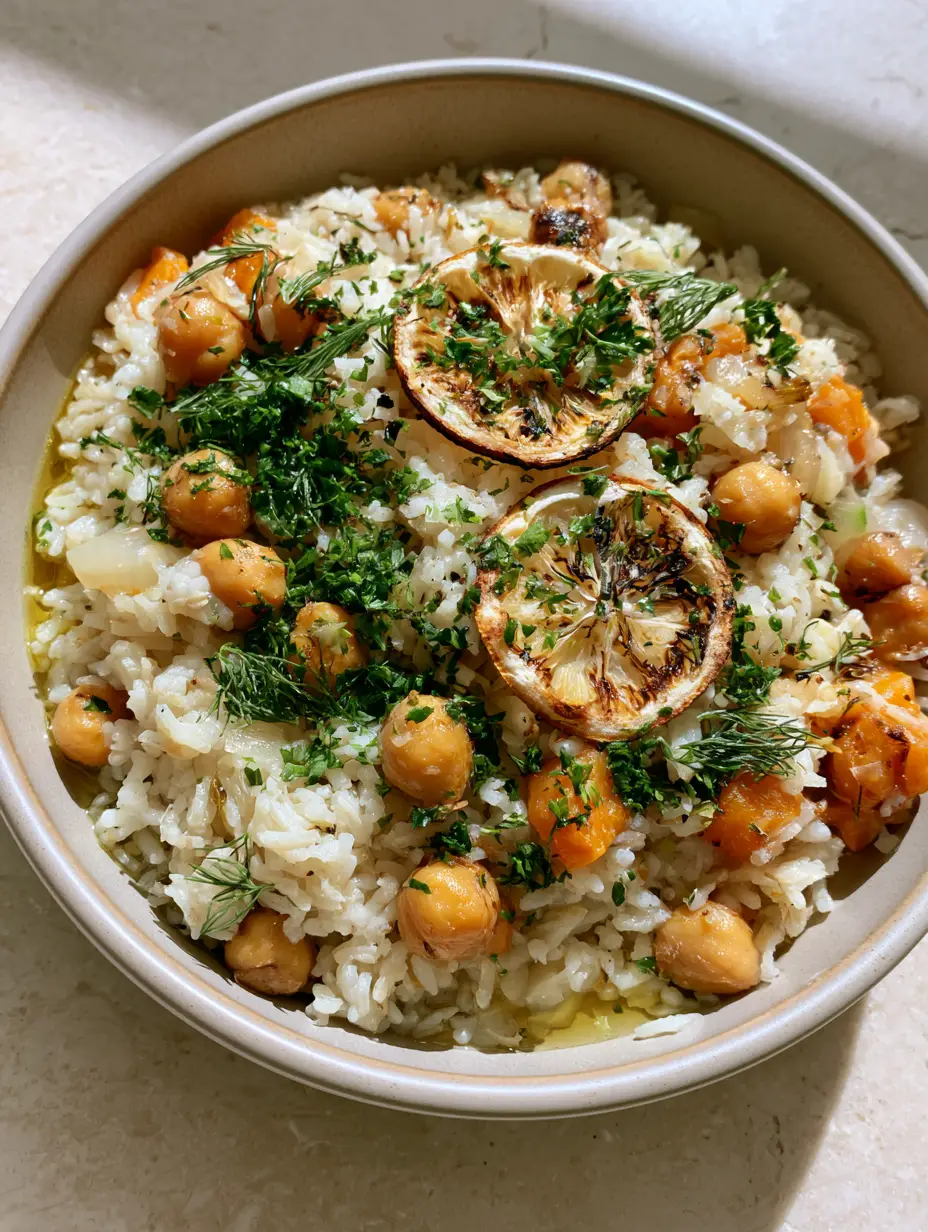 Close-up of Mediterranean Rice and Beans featuring fluffy rice, chickpeas, and vibrant green herbs in a matte bowl. (Mediterranean Rice and Beans)