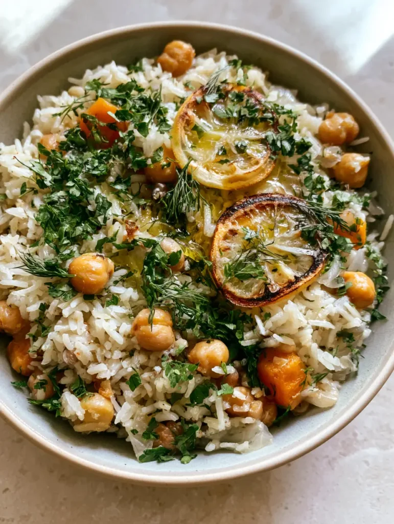 Handheld smartphone photo of Mediterranean Rice and Beans with charred lemon half-moons and an extra virgin olive oil sheen.