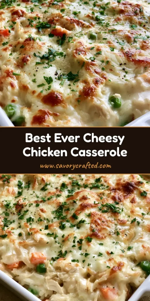 A bubbling white ceramic dish of Chicken and Rice Casserole with a heavy layer of toasted golden-brown cheese and fresh parsley.