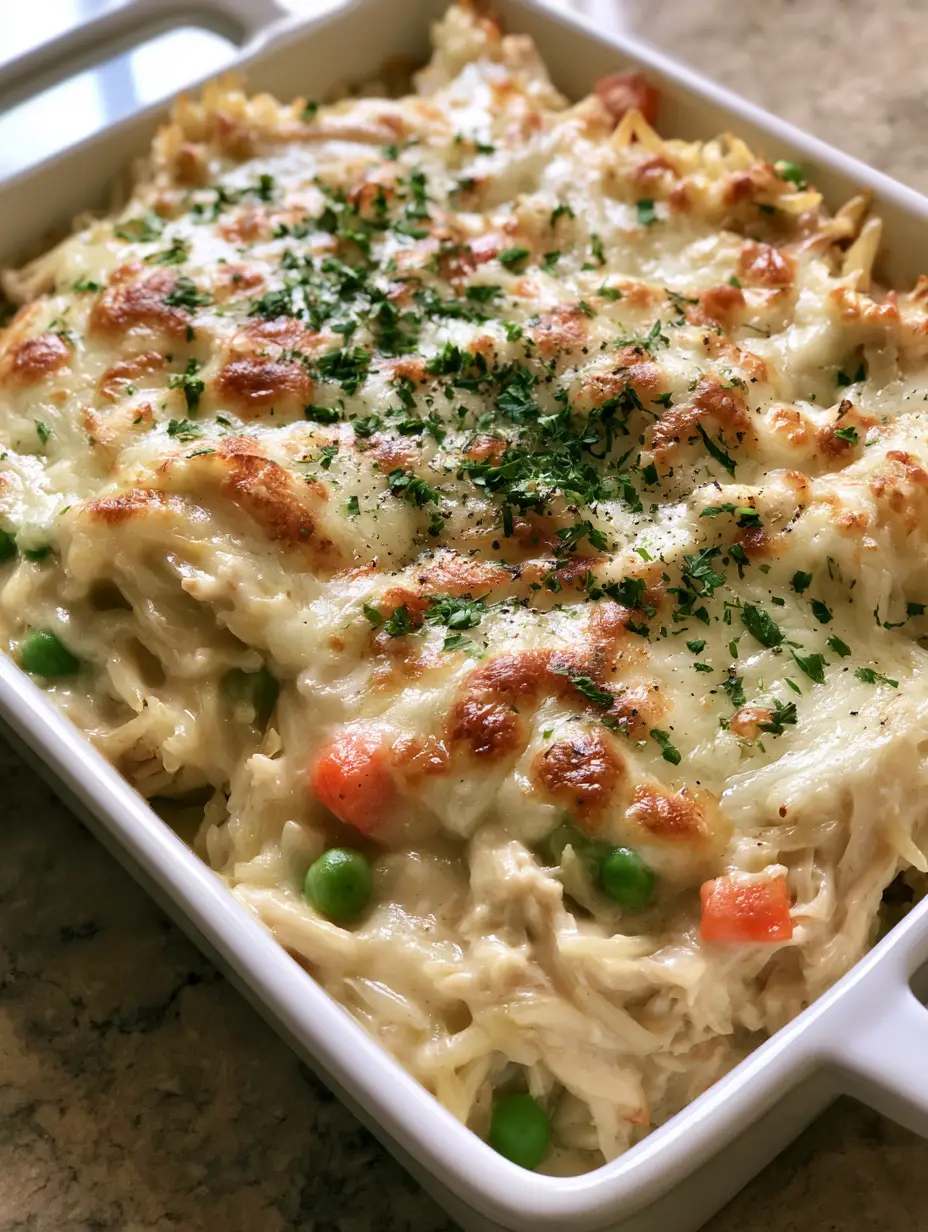 Top down shot of Chicken and Rice Casserole showing bubbling sauce, peas, carrots, and melted cheese.