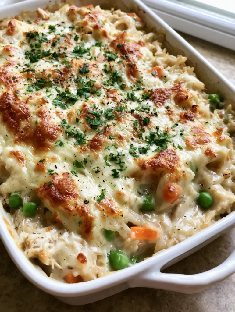 Close up of shredded chicken and basmati rice in a creamy savory sauce with peas and carrots.