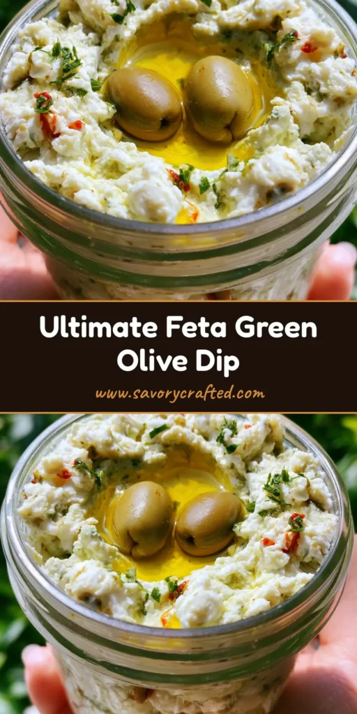 Green Olive Dip: The Ultimate Chunky Whipped Feta Spread 4 A handheld clear mason jar filled with chunky Green Olive Dip topped with a pool of olive oil and two whole olives in bright sunlight.